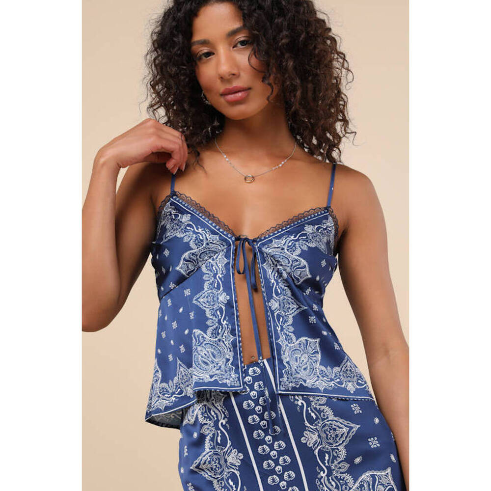 Lulus Calypso Blue Bandana Print Tie-front Cami Top - Size M